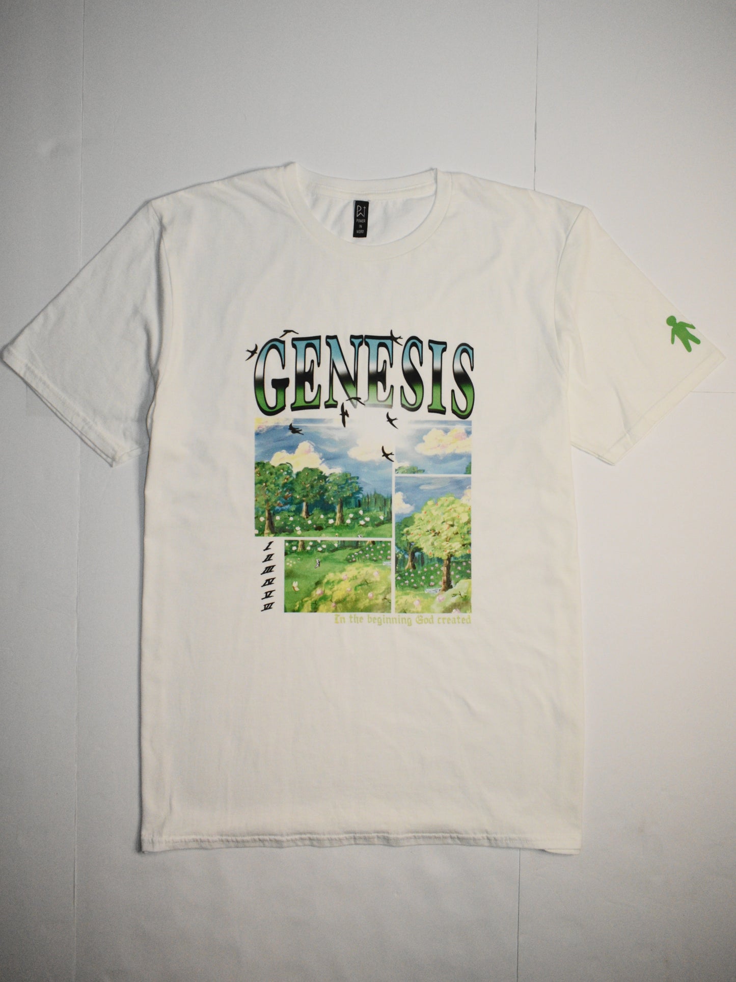 White Retail Fit Short Sleeve T-Shirt with Genesis Graphic on front and man and woman graphic on left sleeve.